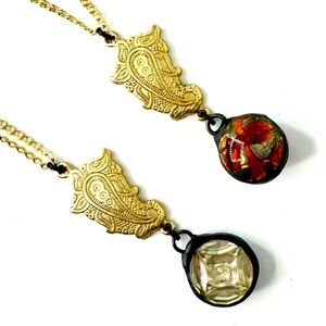 Long Vintage Japanese Foil Glass Orange Pendant, West German Clear Glass Pendant